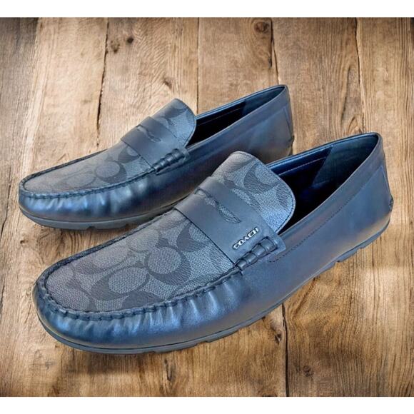 Coach Black Leather Mott Driving Loafers Charcoal Mens Size 7 Fast Shipping - Picture 1 of 11